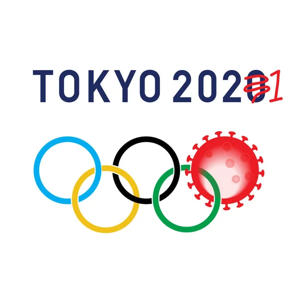 2020年3月11日 东京2020年奥林匹克环 红色环被描述为冠状病毒分子 世界范围的大流行导致夏季奥运会推迟到2021年举行 — 图库矢量图片