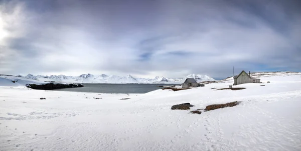 Elhagyott Bányász Kabinok Camp Mansfield Svalbard Panorámás Kilátás Nyílik Kongsfjorden — Stock Fotó