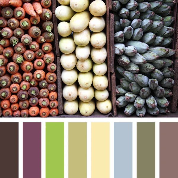 Triptyque Légumes Carottes Aubergines Blanches Bananes Dans Une Palette Couleurs — Photo