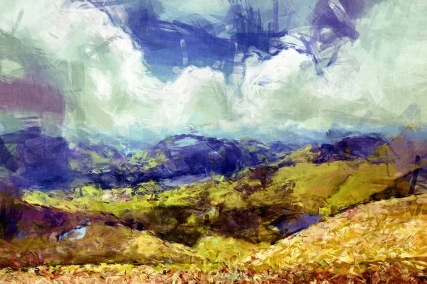 Loose stroke digital painting of the hills, lakes and mountains of Snowdonia, North Wales, UK.