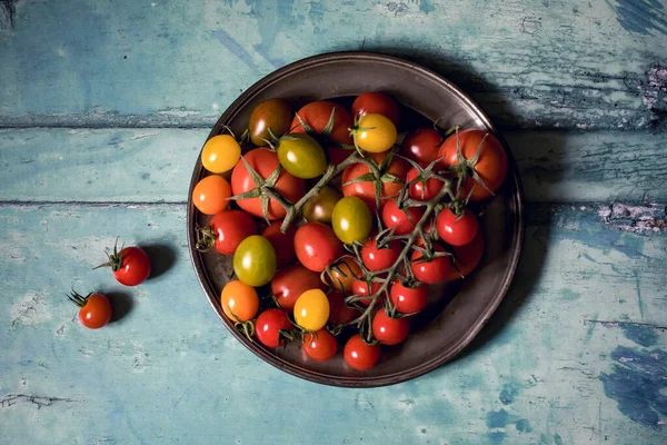 Colourful Tomatoes Pewter Plate Old Painted Wood Background — Stock Photo, Image
