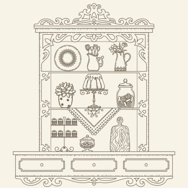 El çizilmiş anahat vektör vintage mutfak rafları/dolap