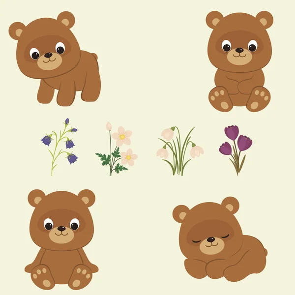 Cachorros de oso y flores de primavera — Vector de stock