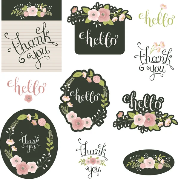 Lettrage floral dessiné à la main Bonjour et merci — Image vectorielle