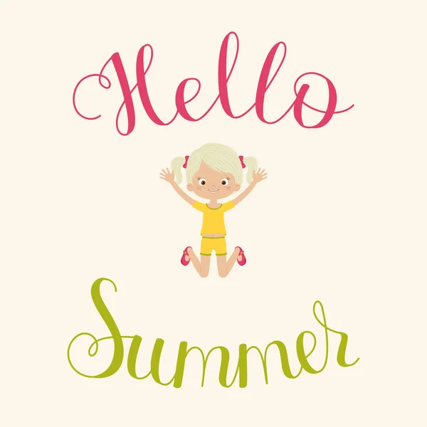 Olá Letras de verão com criança feliz — Vetor de Stock