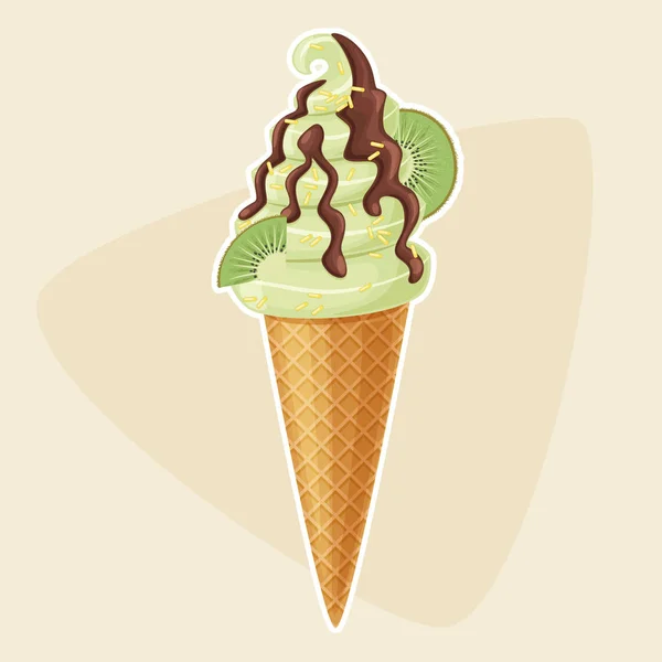 Kiwi příchutí zmrzliny v oplatkovém kornoutku — Stockový vektor