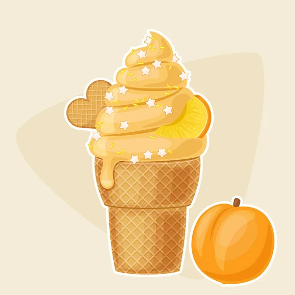 Peach crème glacée dans une tasse à gaufres — Image vectorielle