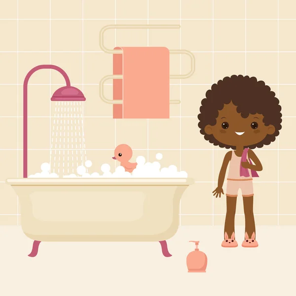 Petite fille noire va prendre un bain — Image vectorielle