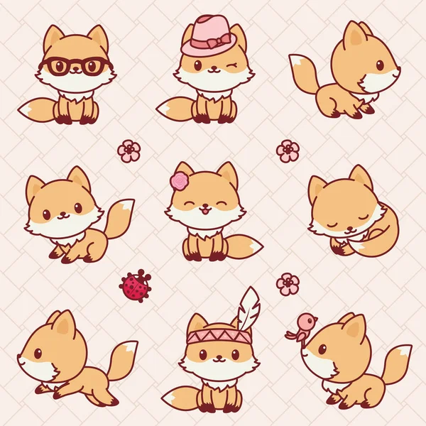 Kawaii renards icônes vectorielles — Image vectorielle