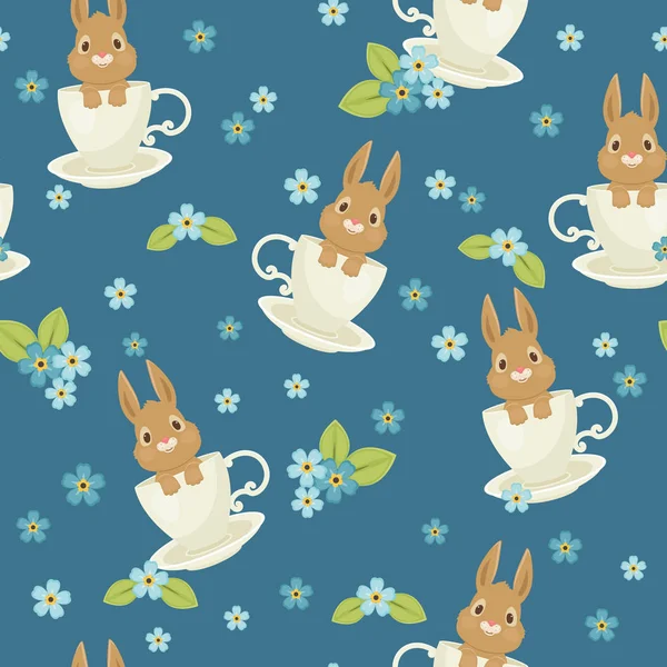 Rabbit/bunny sitting in a cup seamless pattern. — Stock Vector