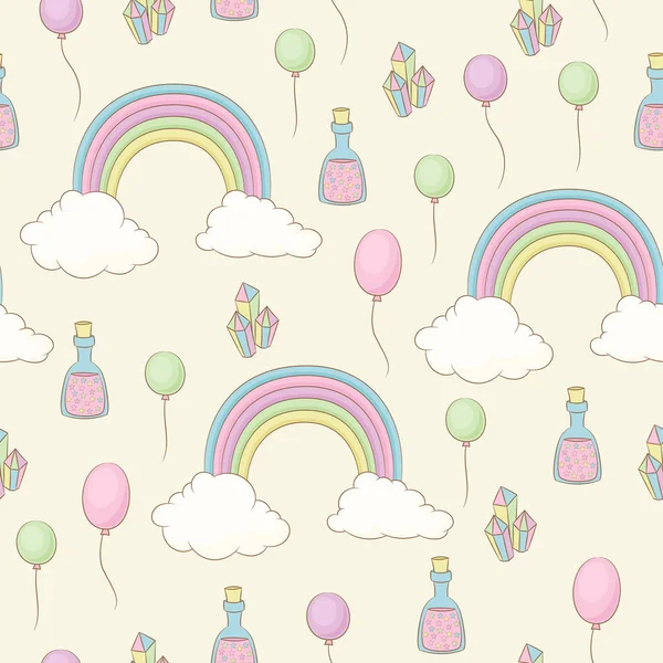 Rainbow, balloons, fairy dust and crystals seamless pattern — Stock Vector