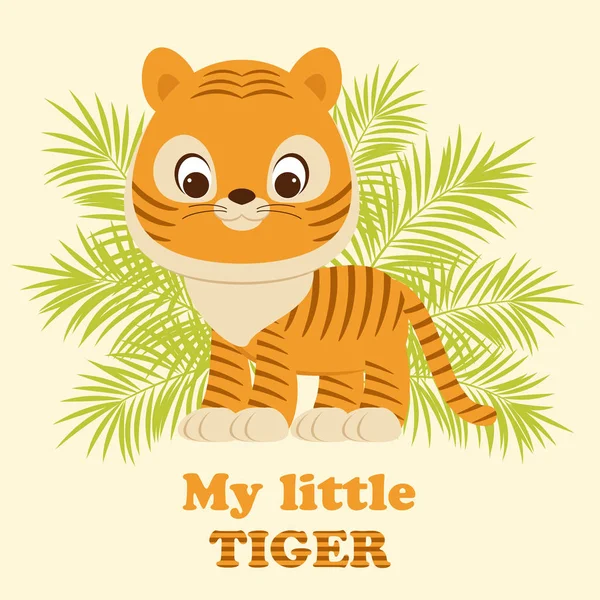 Tiger cub staying in front of tropical leaves — Stock Vector