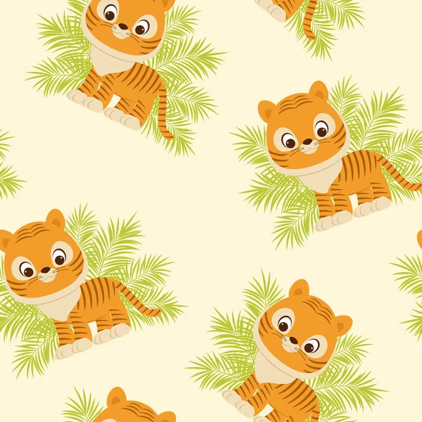 Tiger cub in tropical leaves — Stock Vector