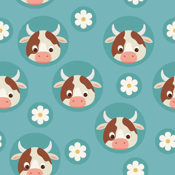 Cows and flowers blue seamless pattern — Stock Vector