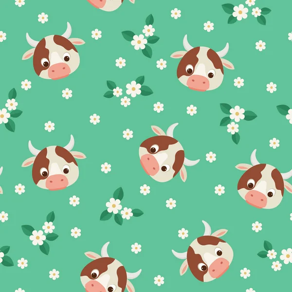 Cows and flowers green seamless pattern — Stock Vector