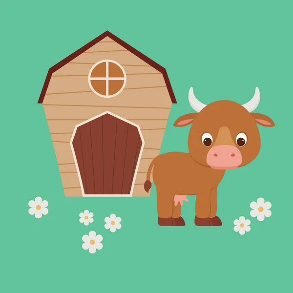 可爱的卡通牛住在谷仓前 — 图库矢量图片