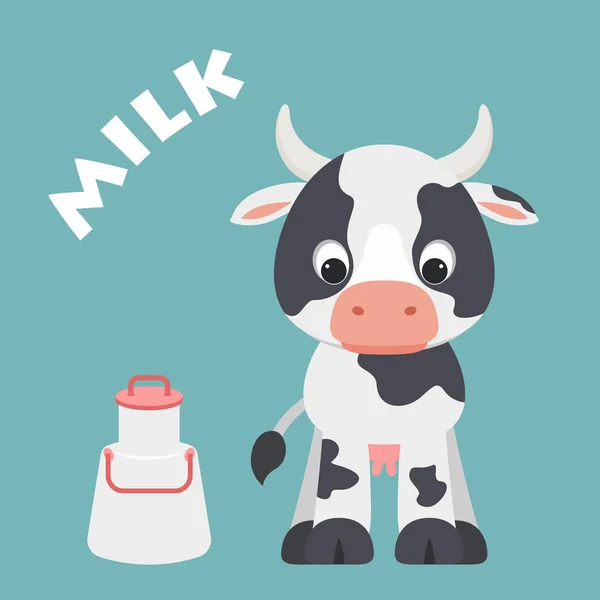 Mignon dessin animé vache avec récipient de lait — Image vectorielle