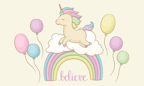 Unicorno felice sull'arcobaleno con nuvole e palloncini — Vettoriale Stock
