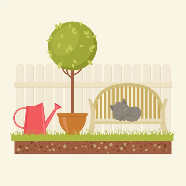 Garden concept with sleeping cat — Stock Vector