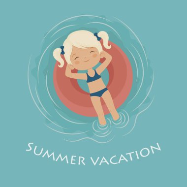 Beyaz saçlı lifebuoy üzerinde Yüzme mutlu küçük kız