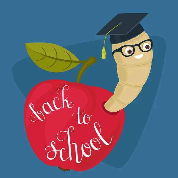 Verme de desenhos animados em chapéu de ex-alunos e óculos espreitando de uma maçã lida —  Vetores de Stock