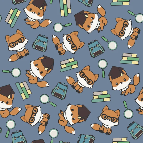 Smart little foxes  with school supplies seamless pattern — Stock Vector