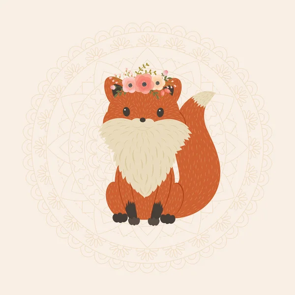 Mignon renard dessin animé dans une couronne florale — Image vectorielle