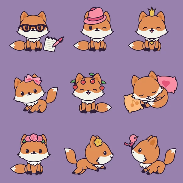 Iconos de zorros Kawaii — Vector de stock