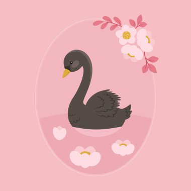 Black swan swimming in floral lake clipart