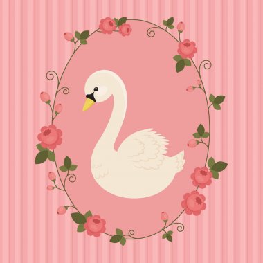 White swan in floral frame on pink background clipart