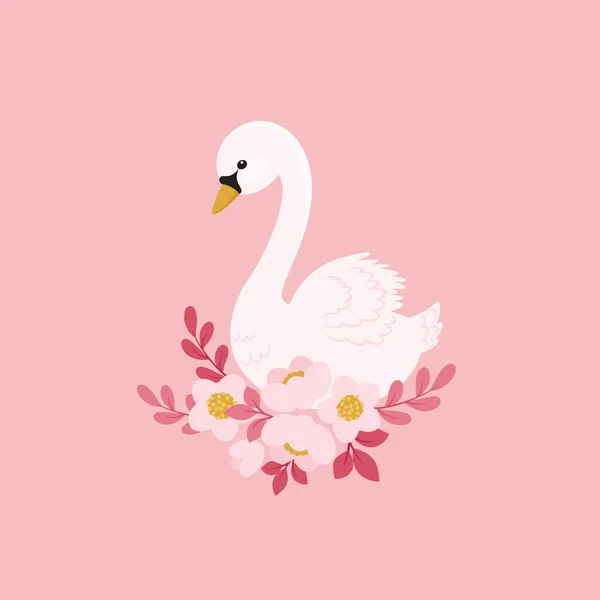 Weißer Schwan und schöne Blumen — Stockvektor