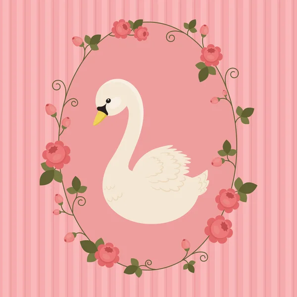 Bílá labuť v květinové rámu na růžovém pozadí — Stockový vektor