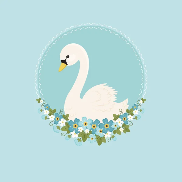 Cisne branco com flores esquecer-me-nots no fundo azul — Vetor de Stock