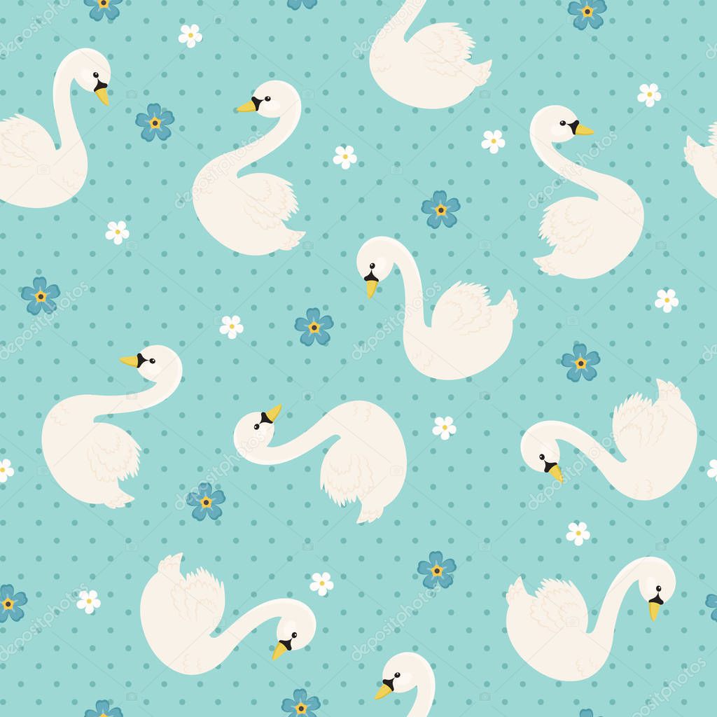 White swan with forget-me-nots seamless pattern