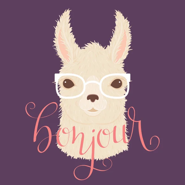 Llama Gafas Ilustración Vectorial Letras Bonjour Francés — Archivo Imágenes Vectoriales