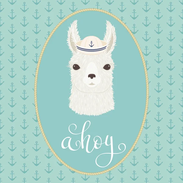 Llama Ilustración Vector Sombrero Marinero Letras Mano Ahoy — Vector de stock