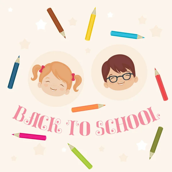 Back School Lettering Happy Kids Смеющийся Мальчик Девочка Окружении Карандашей — стоковый вектор