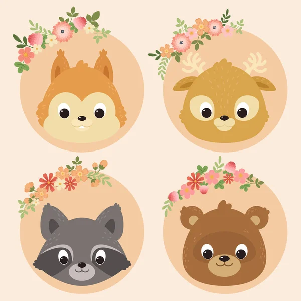 Cute Animals Portraits Squirrel Deer Raccoon Bear Cute Characters Design — Stock Vector