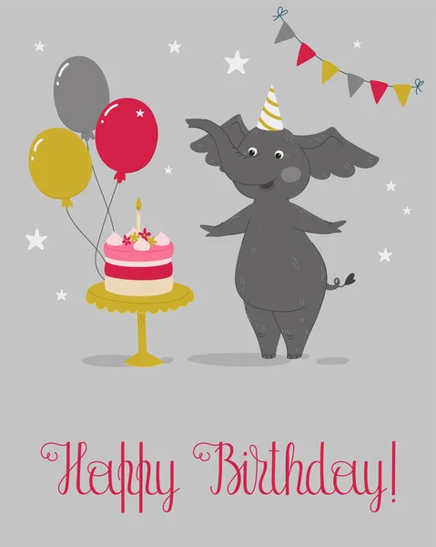 Happy Birthday Card Template Happy Elephant Birthday Hat Birthday Cake — Stock Vector