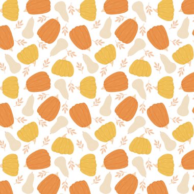 Turuncu, sarı ve beyaz balkabağı pürüzsüz vektör deseni.