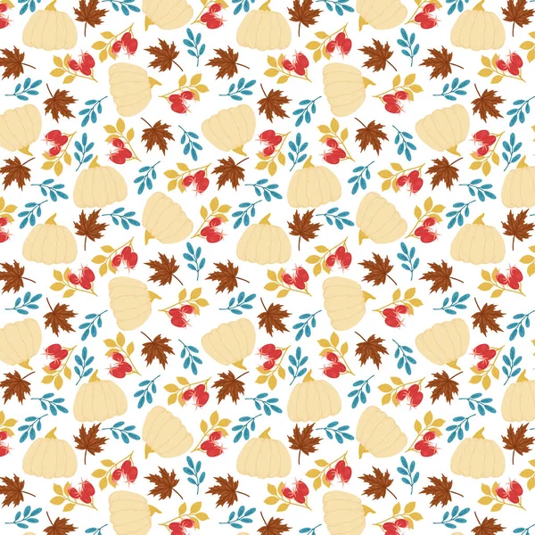 Autumn Fall Leaves White Pumpkins Seamless Vector Pattern — Stock Vector