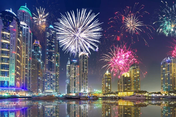 Fireworks display on the sky in Dubai city — Stock Photo, Image