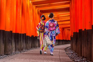 Fushimi Inari tapınak yürüme geleneksel Japon kimono kadınlarda