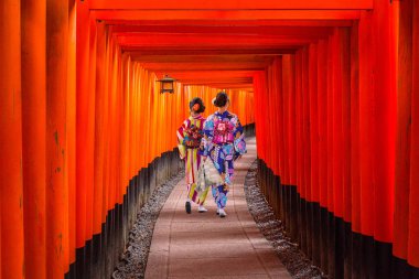 Fushimi Inari tapınak yürüme geleneksel Japon kimono kadınlarda