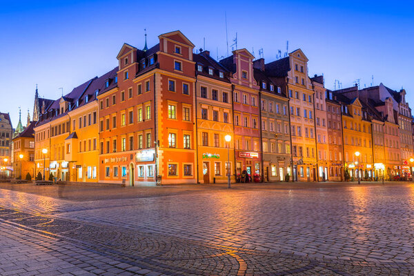 WROCLAW, POLAND - DECEMBER 28, 2016: Architecture of the Market Square in Wroclaw at dusk, Poland. Wroclaw is the largest city in western Poland and historical capital of Silesia.