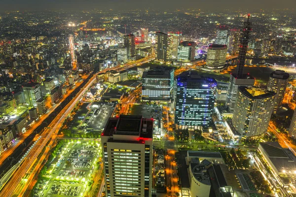 Widok z lotu ptaka Yokohama w nocy — Zdjęcie stockowe