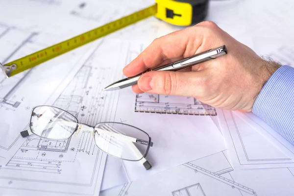 Construction plans on blueprints — Stock Photo, Image