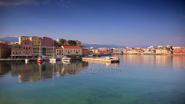 Stary wenecki port Chania o wschodzie słońca, Crete — Wideo stockowe