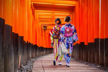 Kyoto, Japonya'nın yürüme geleneksel Japon kimono kadınlarda