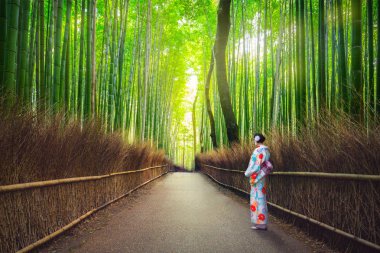 Kimono bambu ormanı Arashiyama, kadında 